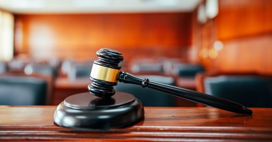 Wooden court gavel on wood table in courtroom